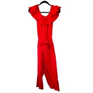 Tommy Bahama Red Linen Blend Ruffle Off Shoulder Jumpsuit Size XS